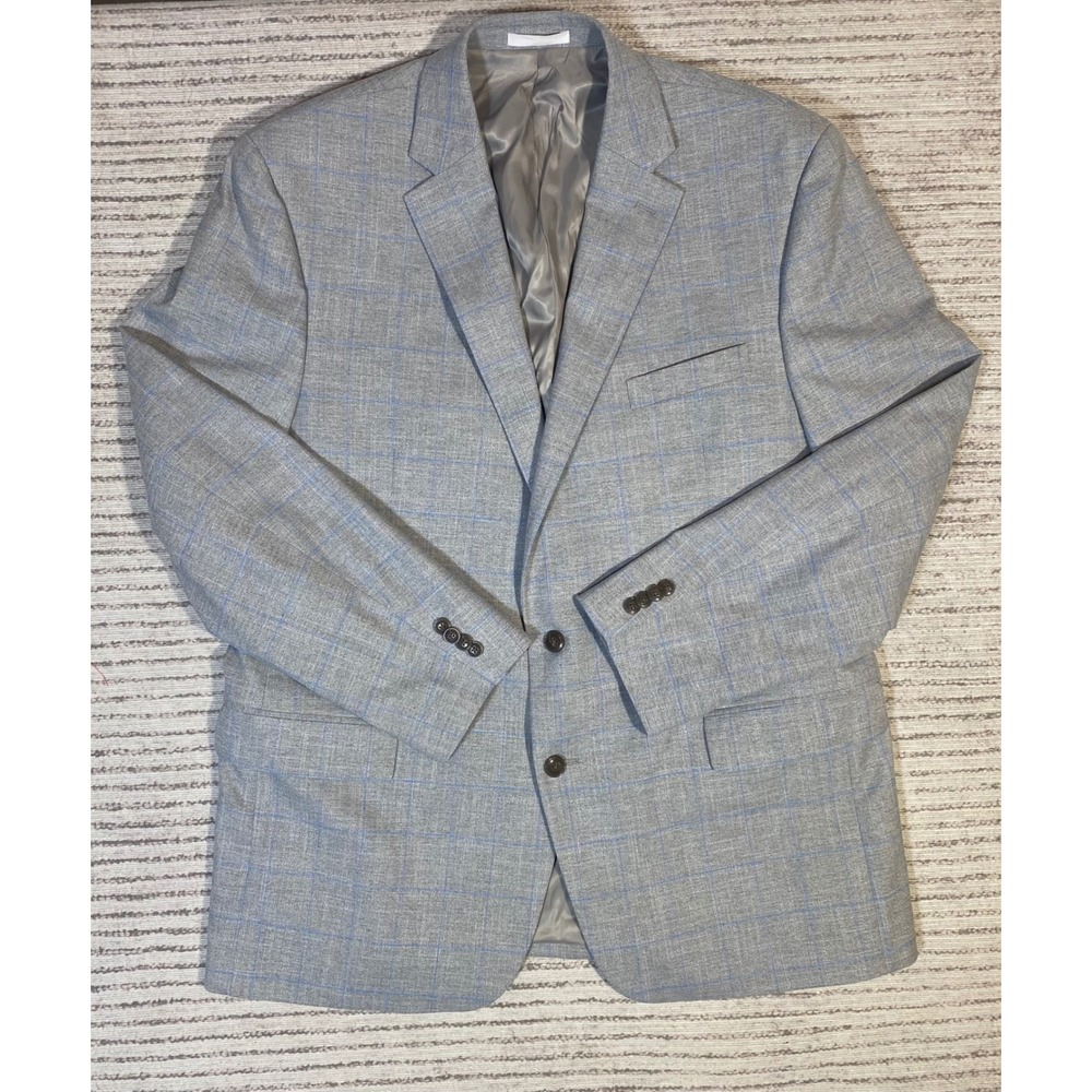 Michael Kors Mens 46L Gray Blue Windowpane Plaid 2 Button Blazer Sport Coat